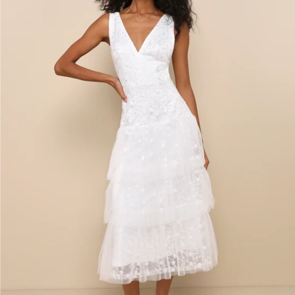 Lulus Confidently Gorgeous Ivory Tulle Embroidered Backless Midi Dress